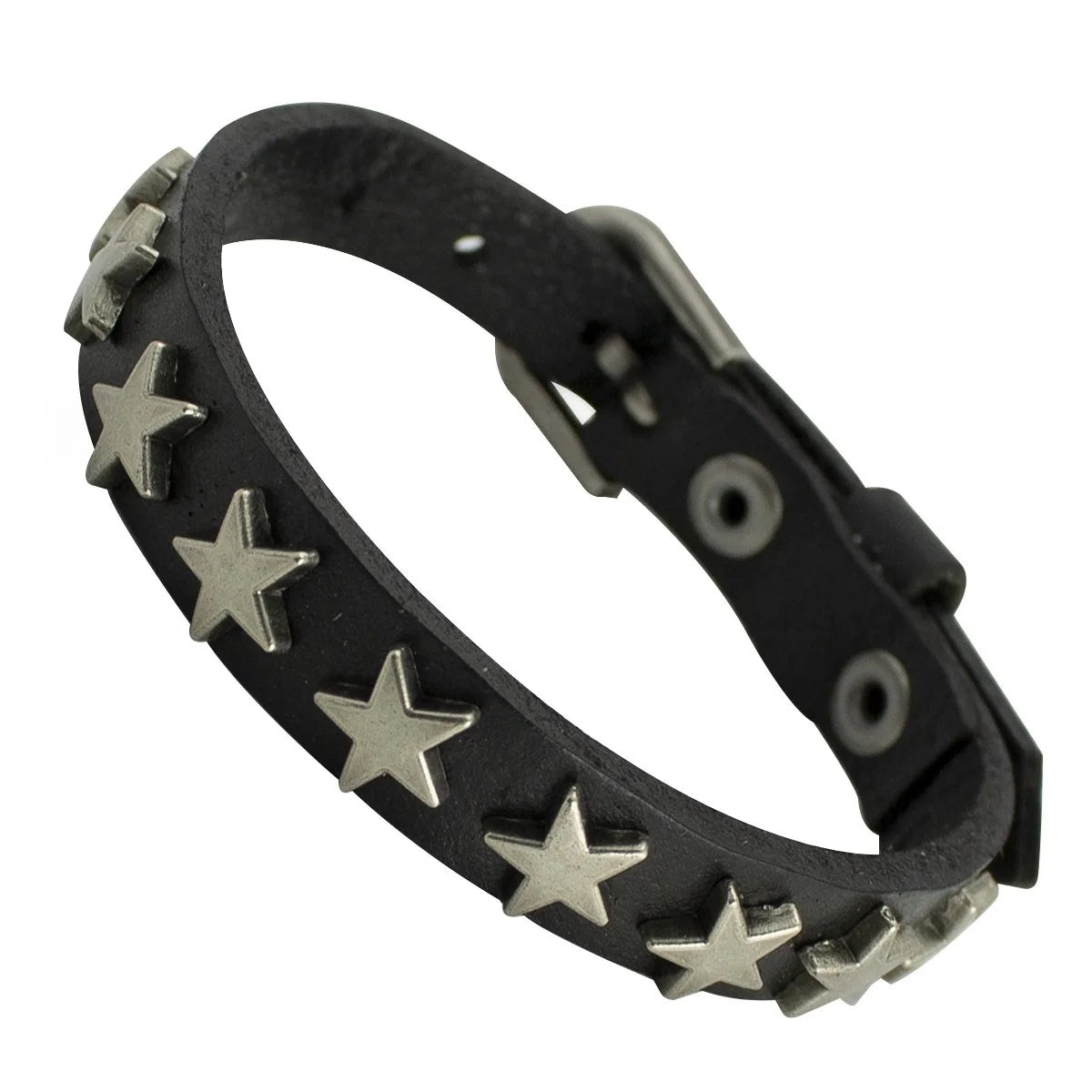 Black Leather Buckle Bracelet with Silver Stars