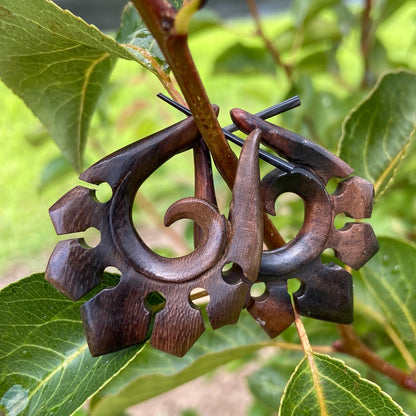 Organic Hand Carved Sono Wood Tribal Ornament Stirrup Hanger Earrings