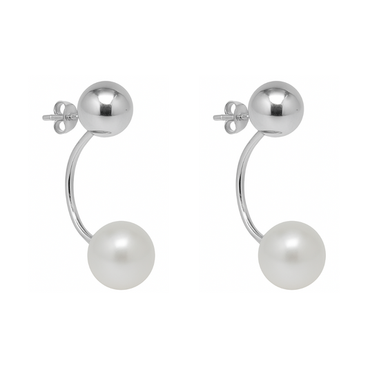 925 Sterling Silver Double Polished Silver Ball and Simulated Pearl Earring Jackets, Sold as a Pair