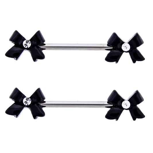 Black Bow Ends Nipple Barbells - Pair - 316L Stainless Steel