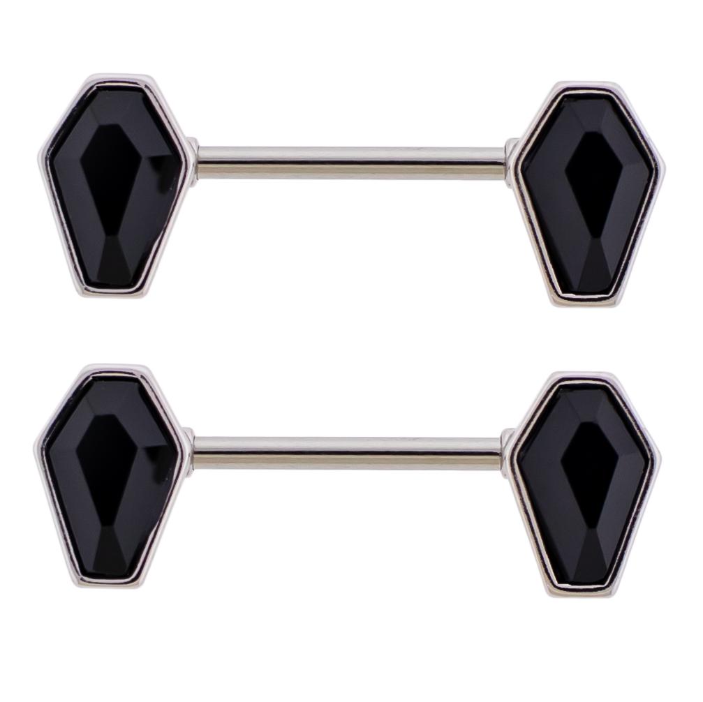 Black Gem Coffin Ends Nipple Barbells - Pair - 316L Stainless Steel