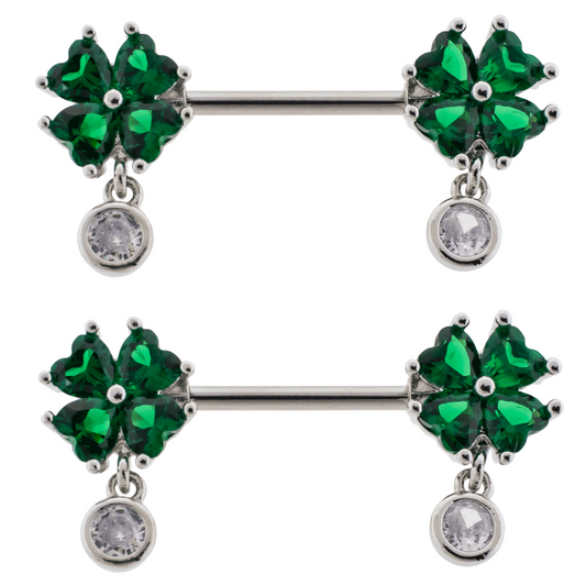 Green CZ Crystal Shamrocks with Dangling Gems Nipple Barbells - Pair - 316L Stainless Steel