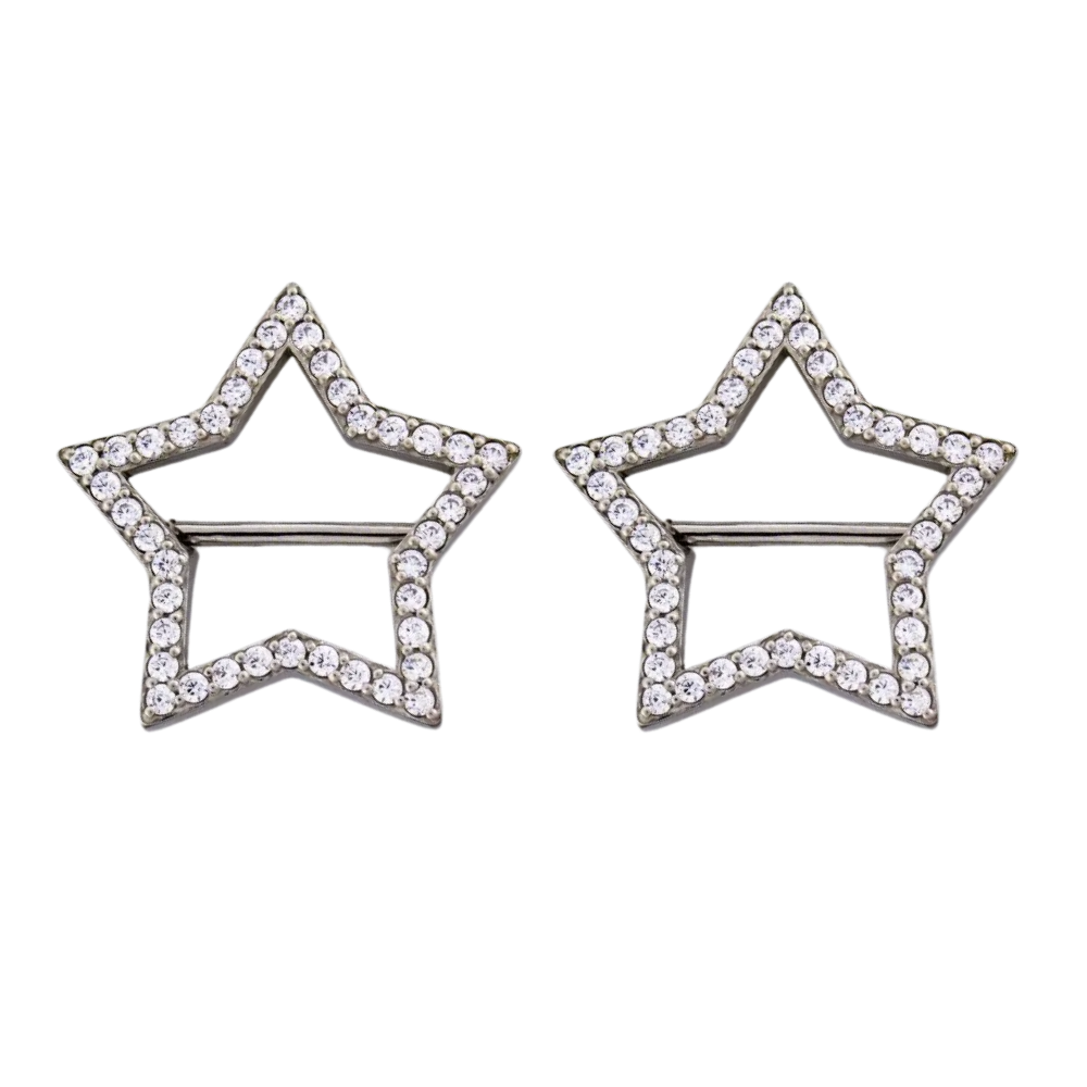 CZ Crystal Lined Star Outline Nipple Shields - Pair - 316L Stainless Steel