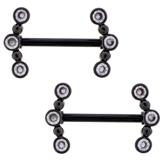 Triple CZ Crystal Gem Crescent Ends Nipple Barbells - Pair - 316L Stainless Steel
