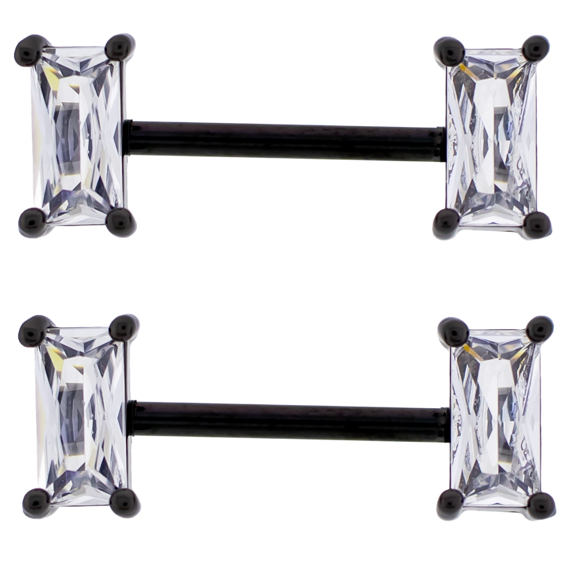 Prong Set CZ Crystal Baguette Ends Nipple Barbells - Pair - 316L Stainless Steel