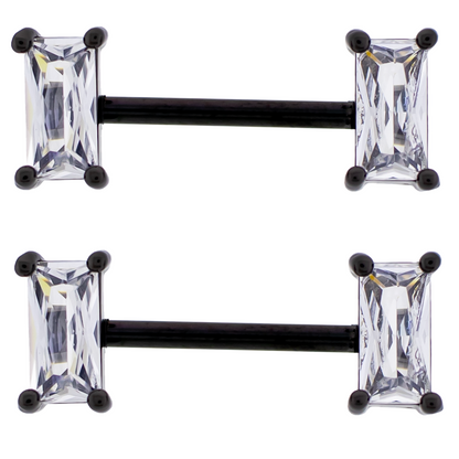 Prong Set CZ Crystal Baguette Ends Nipple Barbells - Pair - 316L Stainless Steel