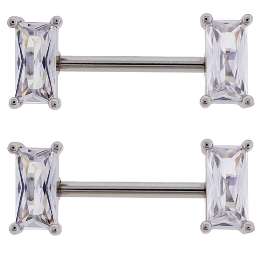 Prong Set CZ Crystal Baguette Ends Nipple Barbells - Pair - 316L Stainless Steel