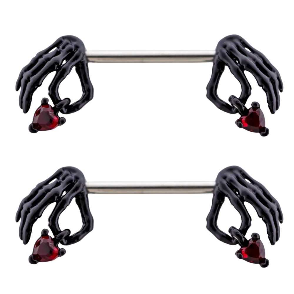 Black Skeleton Hands Holding Red Crystal Hearts Nipple Barbells - Pair - 316L Stainless Steel