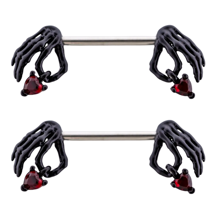 Black Skeleton Hands Holding Red Crystal Hearts Nipple Barbells - Pair - 316L Stainless Steel