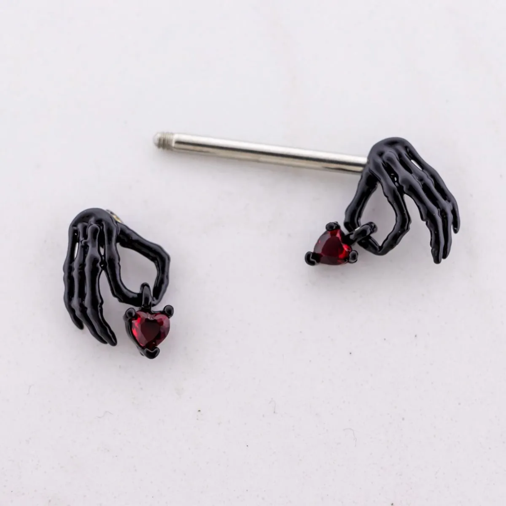 Black Skeleton Hands Holding Red Crystal Hearts Nipple Barbells - Pair - 316L Stainless Steel