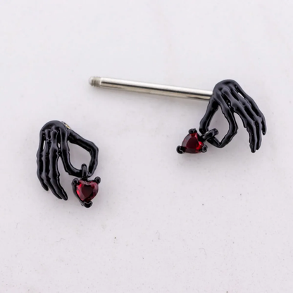 Black Skeleton Hands Holding Red Crystal Hearts Nipple Barbells - Pair - 316L Stainless Steel