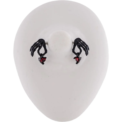 Black Skeleton Hands Holding Red Crystal Hearts Nipple Barbells - Pair - 316L Stainless Steel