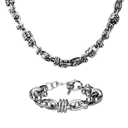 Barbell Chain Link Necklace and Bracelet Set - 316L Stainless Steel