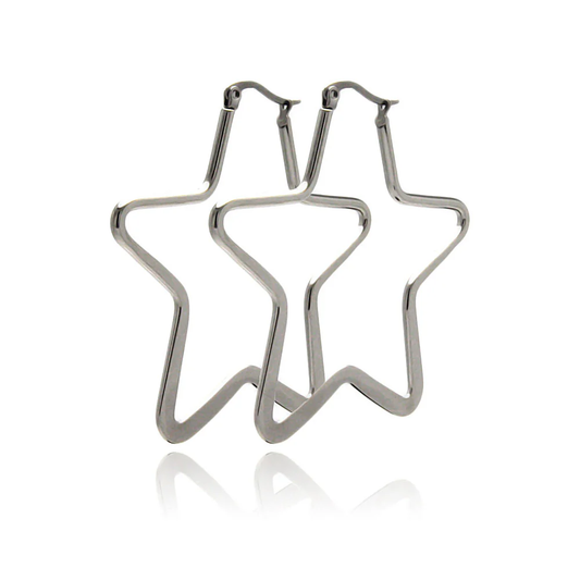 Star Shaped Hoop Earrings - Pair - Rhodium Plated Stainless Steel