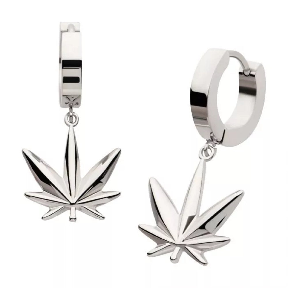 Pot Leaf Dangling Huggie Hoop Earrings - Pair - 316L Stainless Steel