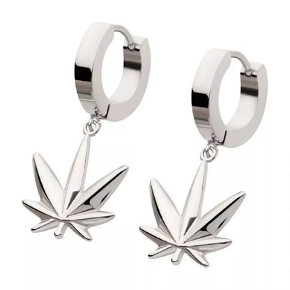 Pot Leaf Dangling Huggie Hoop Earrings - Pair - 316L Stainless Steel