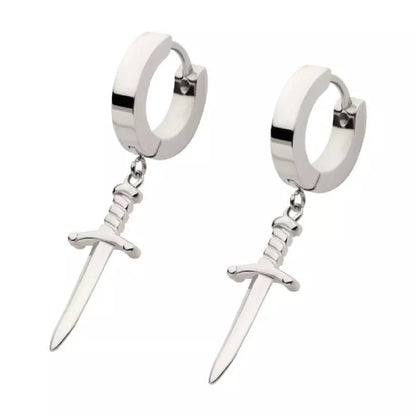 Dagger Dangling Huggie Hoop Earrings - Pair - 316L Stainless Steel