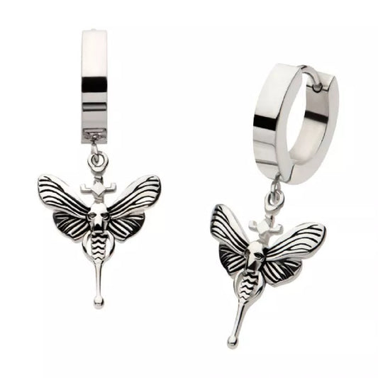 Butterfly with Skull Head Dangling Huggie Hoop Earrings - Pair - 316L Stainless Steel