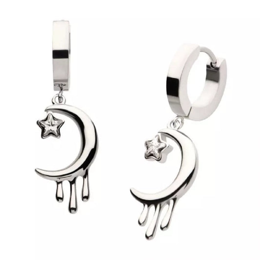 Dripping Crescent Moon with Star Dangling Huggie Hoop Earrings - Pair - 316L Stainless Steel
