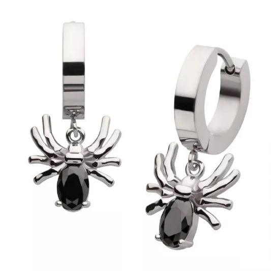 Black CZ Crystal Spider Dangling Huggie Hoop Earrings - Pair - 316L Stainless Steel