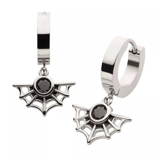 Black CZ Crystal Spiderweb Dangling Huggie Hoop Earrings - Pair - 316L Stainless Steel