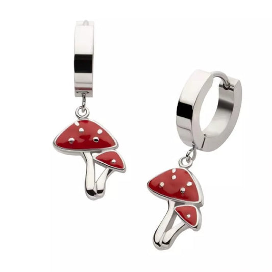 Red Enamel Mushroom Duo Dangling Huggie Hoop Earrings - Pair - 316L Stainless Steel