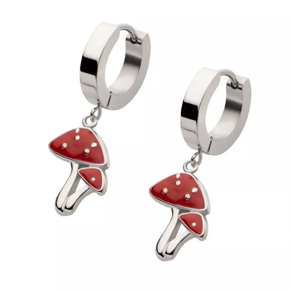 Red Enamel Mushroom Duo Dangling Huggie Hoop Earrings - Pair - 316L Stainless Steel