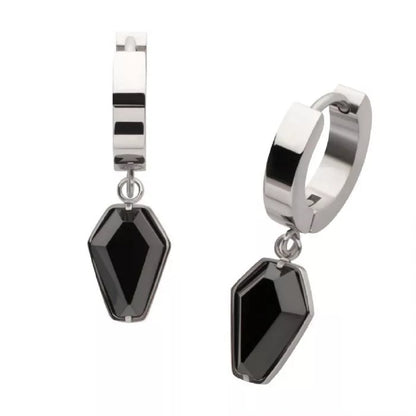 Black CZ Coffin Dangling Huggie Hoop Earrings - Pair - 316L Stainless Steel