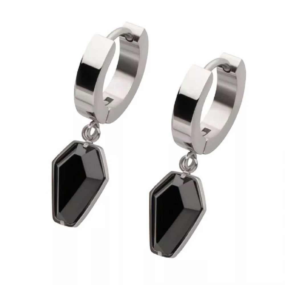 Black CZ Coffin Dangling Huggie Hoop Earrings - Pair - 316L Stainless Steel