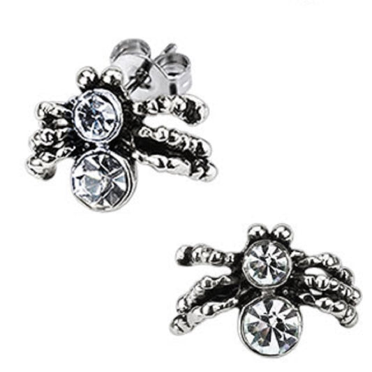 Pair of Crawling Spiders with CZ Bodies Stud Earrings - 316L Stainless Steel - Pair