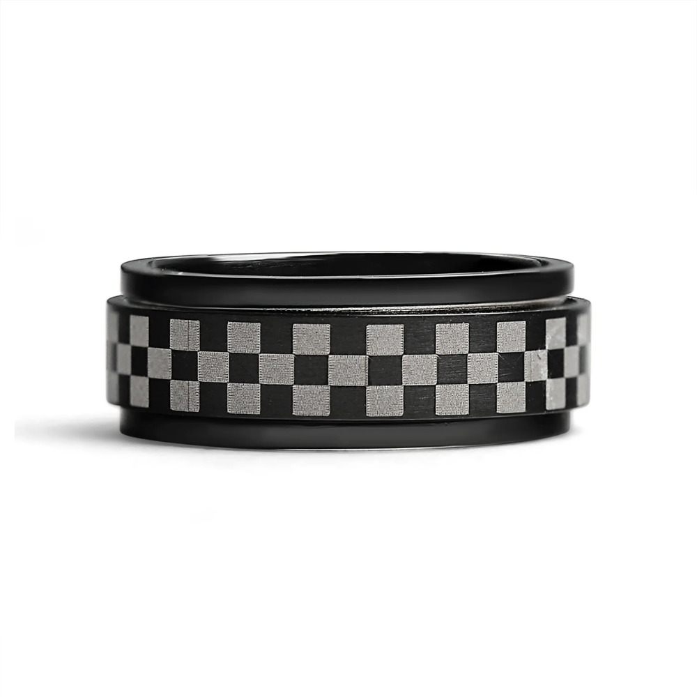 Black 316L Stainless Steel Checkered Spinner Ring