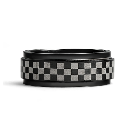 Black 316L Stainless Steel Checkered Spinner Ring