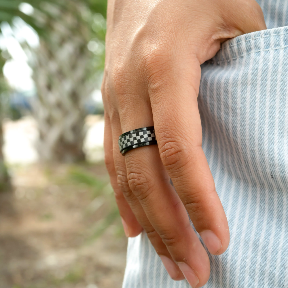 Black 316L Stainless Steel Checkered Spinner Ring