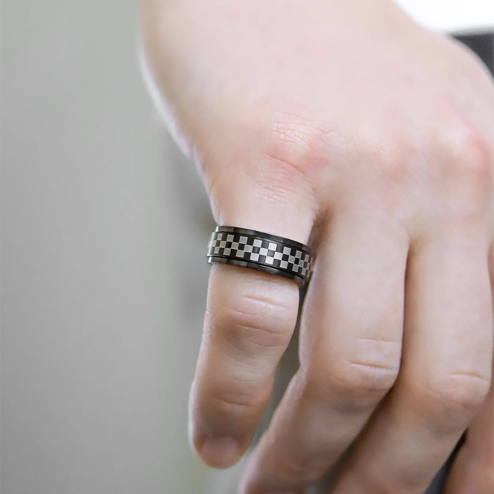 Black 316L Stainless Steel Checkered Spinner Ring