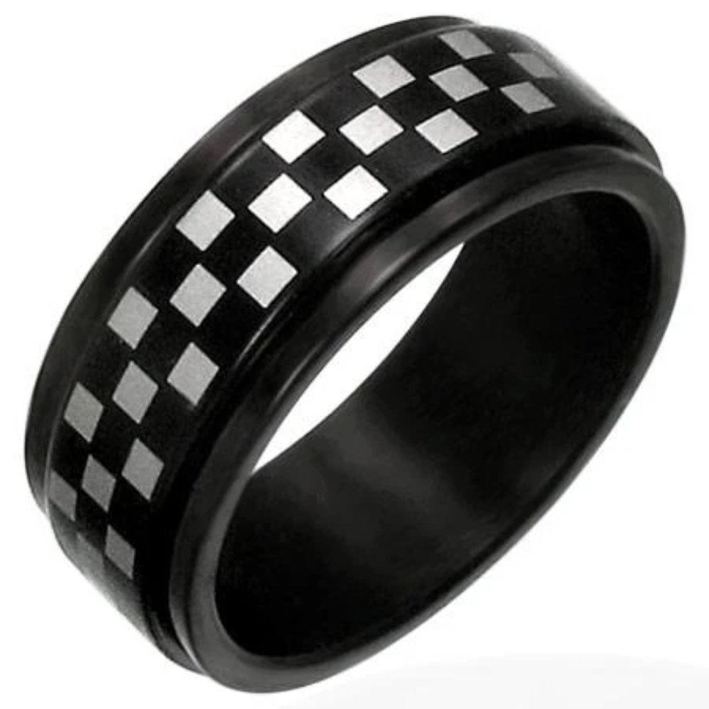 Black 316L Stainless Steel Checkered Spinner Ring