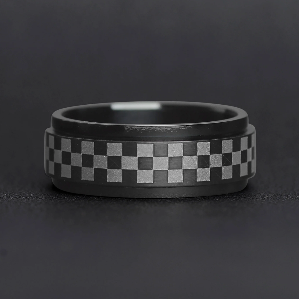 Black 316L Stainless Steel Checkered Spinner Ring