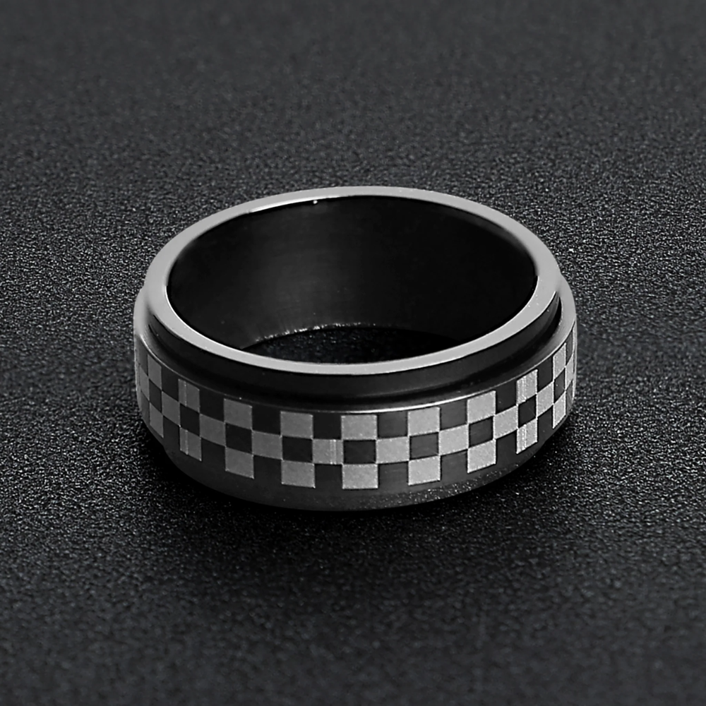 Black 316L Stainless Steel Checkered Spinner Ring