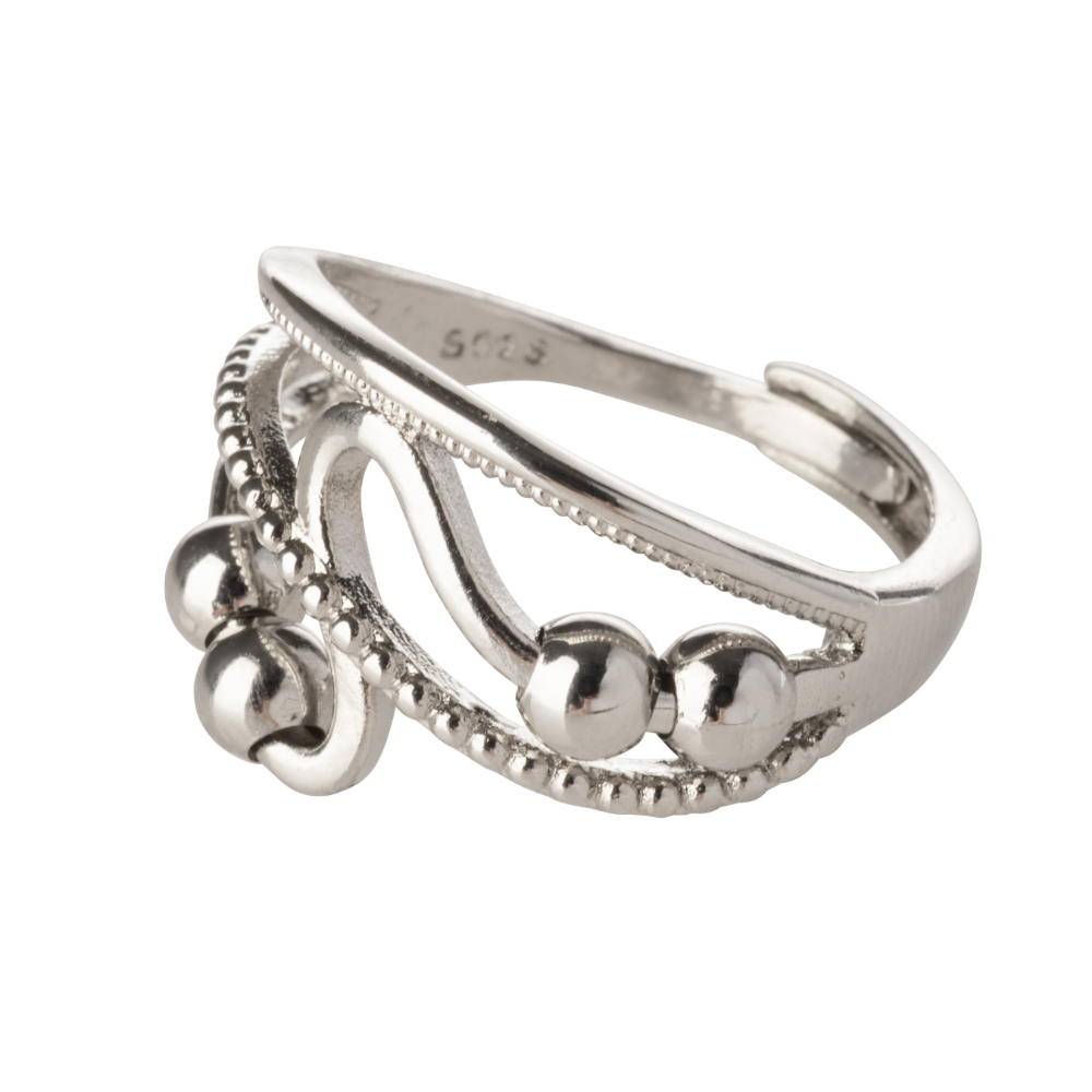 Beaded Wave Design Adjustable Beaded Fidget Ring - 925 Sterling Silver