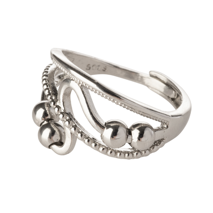 Beaded Wave Design Adjustable Beaded Fidget Ring - 925 Sterling Silver