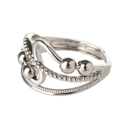 Beaded Wave Design Adjustable Beaded Fidget Ring - 925 Sterling Silver
