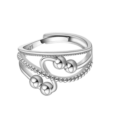 Beaded Wave Design Adjustable Beaded Fidget Ring - 925 Sterling Silver