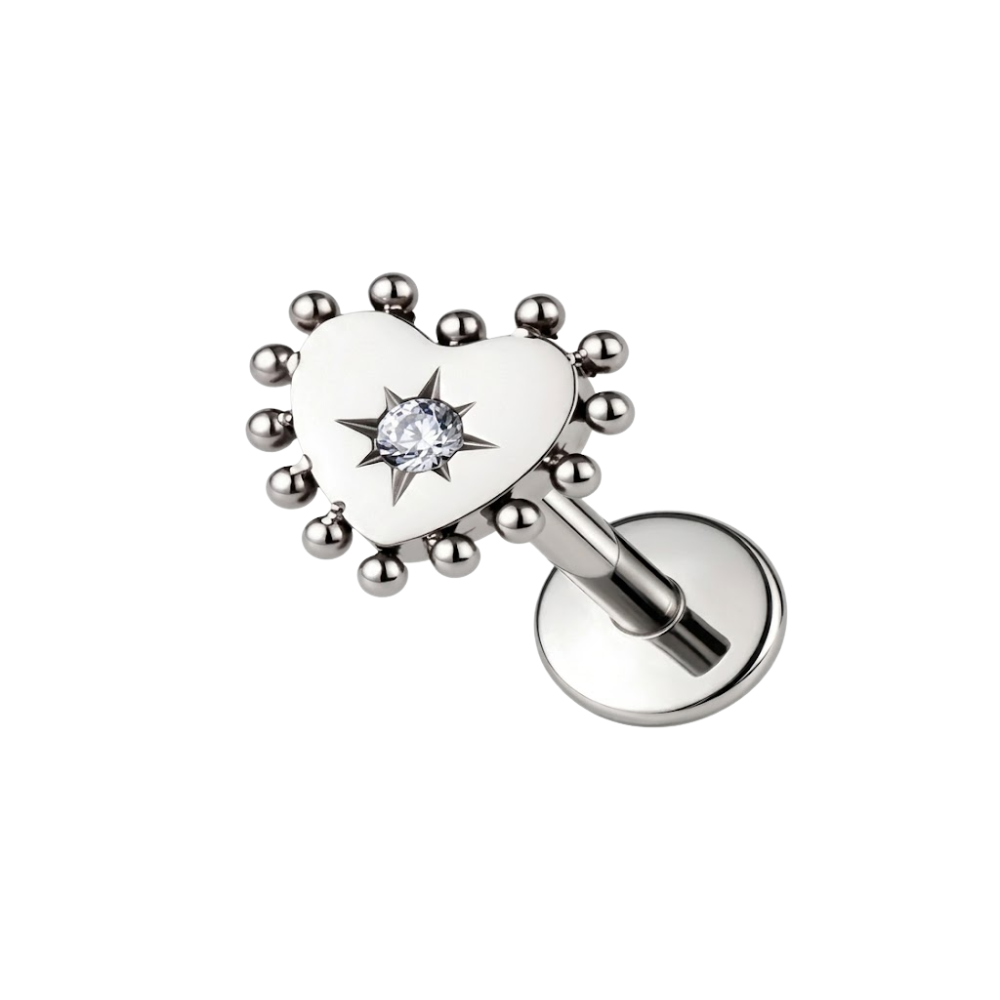 Threadless CZ Beaded Heart Flat Back Stud - ASTM F-136 Implant Grade Titanium