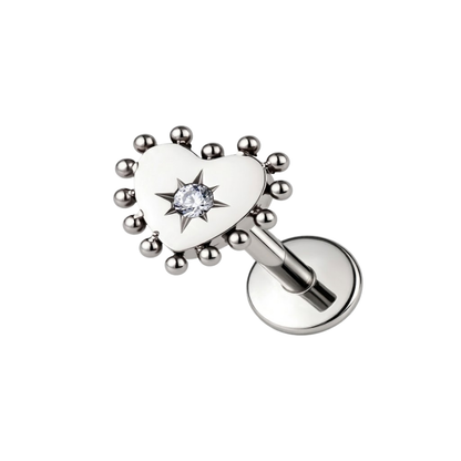 Threadless CZ Beaded Heart Flat Back Stud - ASTM F-136 Implant Grade Titanium