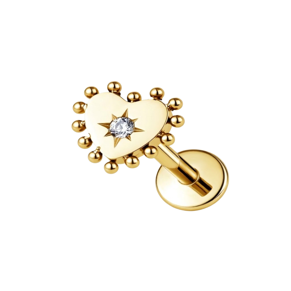 Threadless CZ Beaded Heart Flat Back Stud - ASTM F-136 Implant Grade Titanium