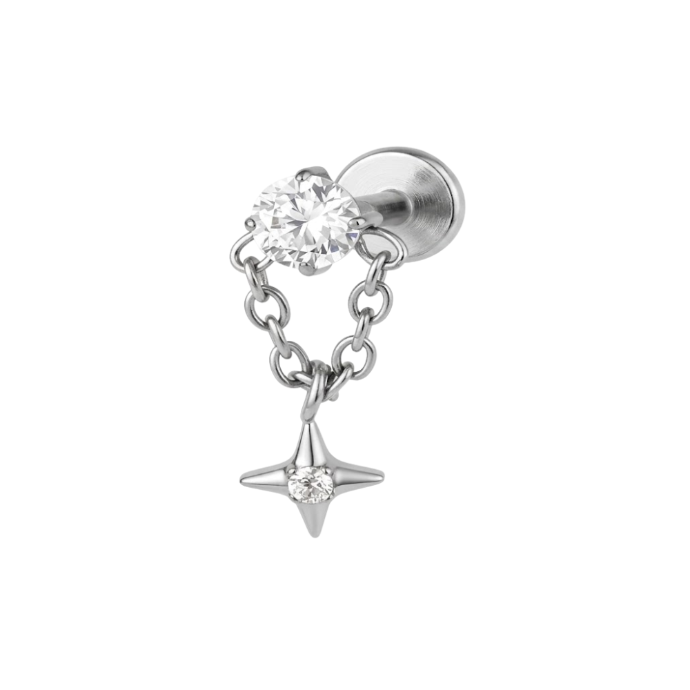 Threadless CZ Chain and Star Flat Back Stud - ASTM F-136 Implant Grade Titanium