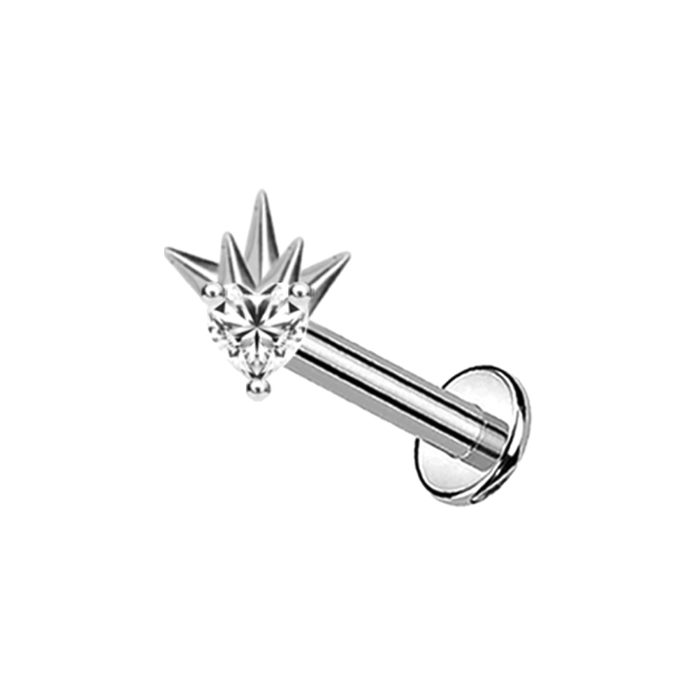 Internally Threaded Spiked CZ Crystal Heart Flat Back Stud - ASTM F-136 Implant Grade Titanium