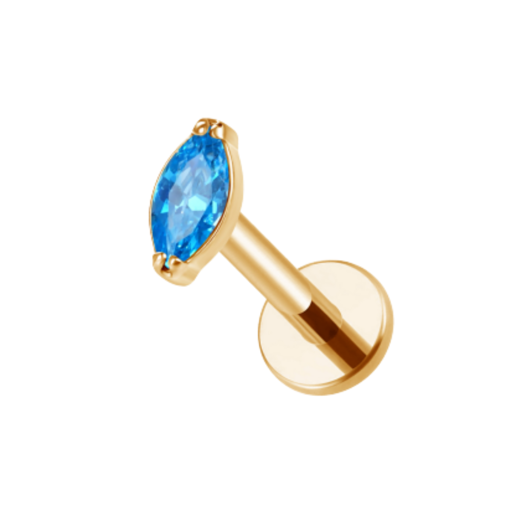 Internally Threaded CZ Crystal Marquise Flat Back Stud - Gold PVD ASTM F-136 Implant Grade Titanium