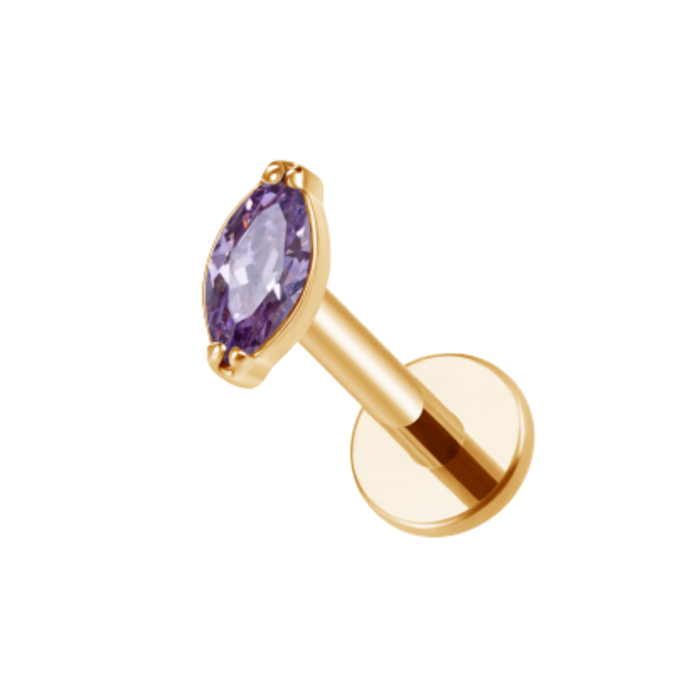 Internally Threaded CZ Crystal Marquise Flat Back Stud - Gold PVD ASTM F-136 Implant Grade Titanium