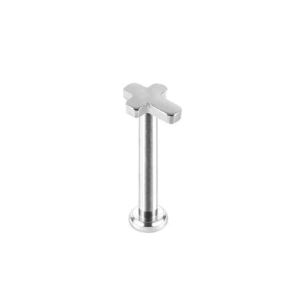 Threadless Push In Cross Top Flat Back Labret Stud - G23 Implant Grade Titanium