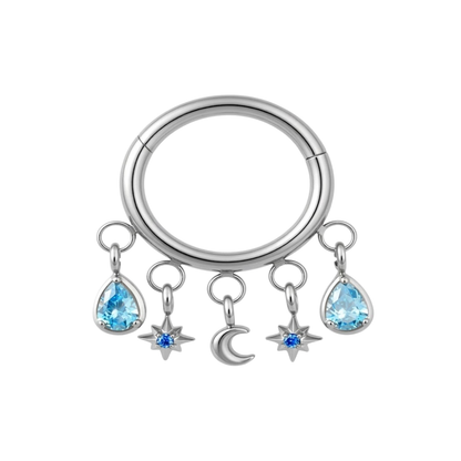 Blue Dangle Charms Hinged Segment Clicker Ring - ASTM F-136 Implant Grade Titanium